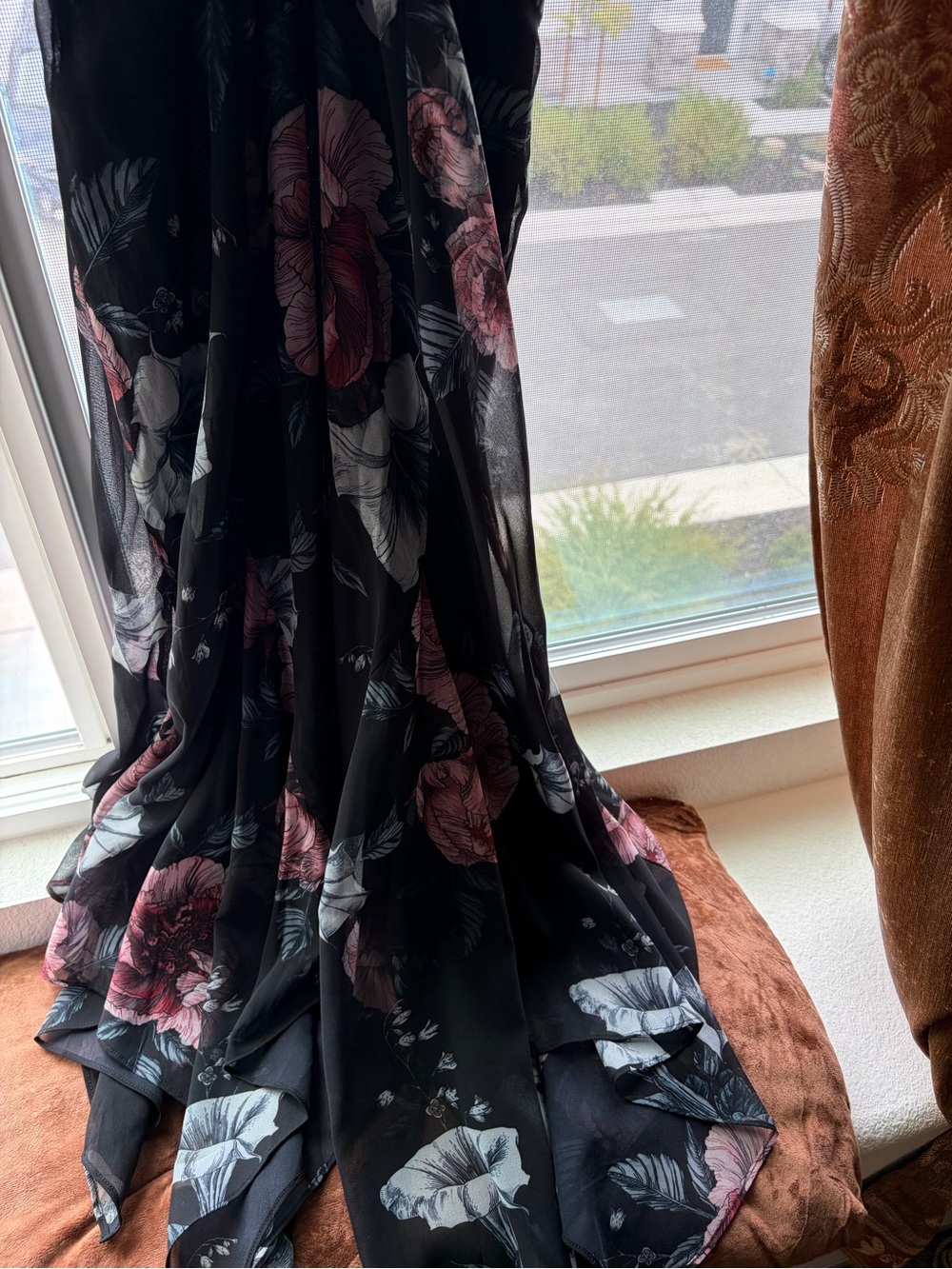 Black Floral Chiffon Maxi Skirt with Pink & White Blooms